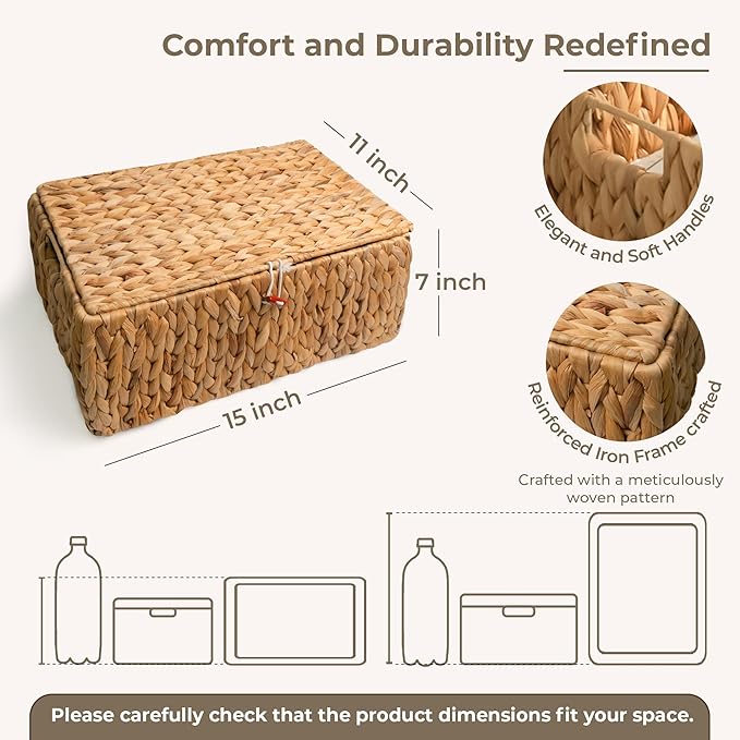 KOKODO Rectangular Water Hyacinth Basket with Lid for Organizing, Wicker Basket with Lid for Shelves and Closet, Handwoven Storage Basket with Lid and Handles