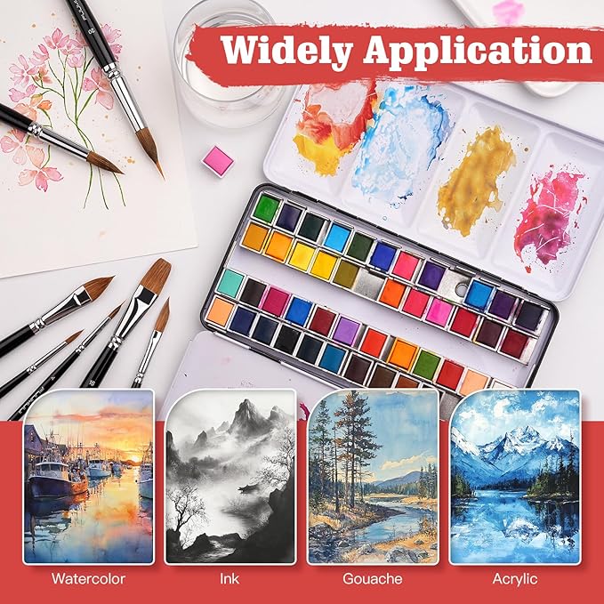 Sable Watercolor Brushes, Fuumuui 7pcs Professional Artist Paint Brushes Set with Extended Needle, Round Point, Flat, Dagger, Cat's Tongue for Watercolor, Acrylic, Gouache – Detail & Wash Painting