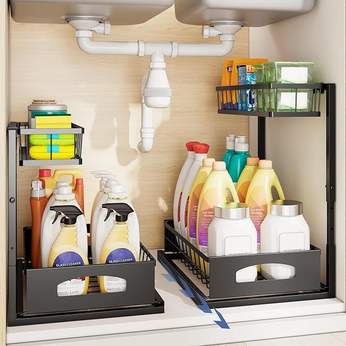 Under Sink Organizer and Storage, Height Adjustable Cabinet Organizer with Slide Out Drawer, Pull Out Under Sink Storage, Multi-Purpose 2 Tier Sink Shelves for Kitchen Bathroom Pantry (Black, 1 Pack)