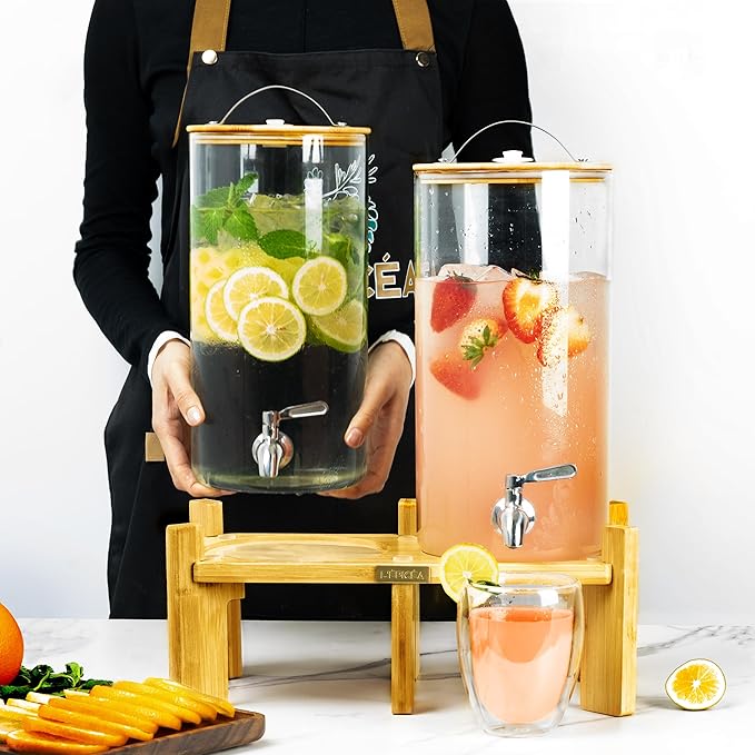 L'ÉPICÉA 1.5 Gallon Drink Dispenser for Parties 2 PCS, Beverage Dispenser Set of 2, Glass Drink Dispensers with Wood Stand, Large Drink Dispenser with Stainless Steel Spigot 100% Leakproof, Wood Lid.