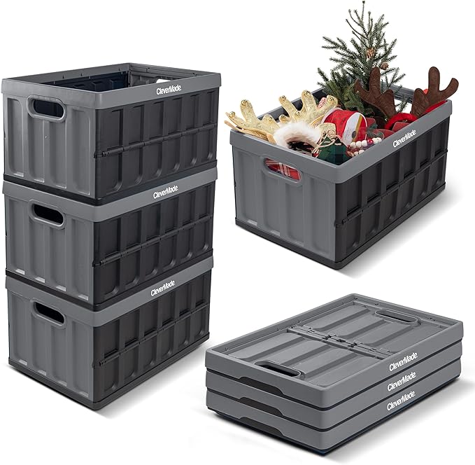 CleverMade Collapsible Storage Bins - Stone 1 Pack 46L - Stackable Containers Heavy Duty Capacity Folding Crates - Space-Saving for Home