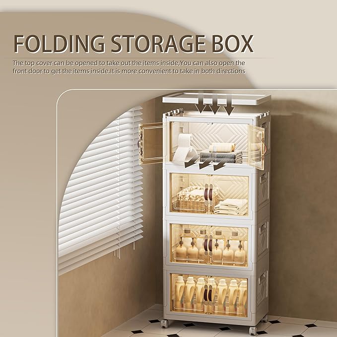 144 QT / 36 Gal Stackable Storage Bins (1 Lid) w/Wheels & Magnetic Doors, Collapsible Plastic Organizer Cabinet for Closet Office Garage - White Storage Containers