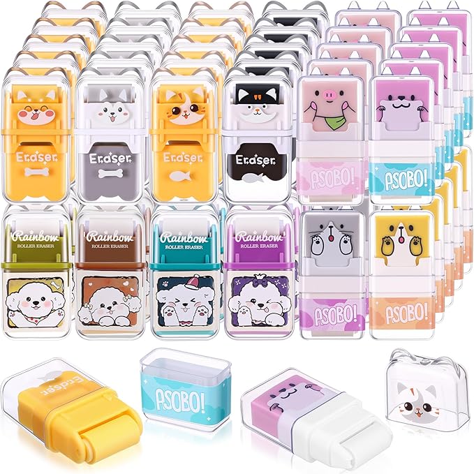 Seajan 44 Pcs Erasers for Kids Gift Bulk Cute Animal Themed Pencil Eraser with Clean up Roller for School Party Christmas Favors (Cute)