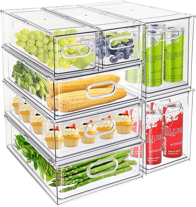 Eanpet 7Pack Clear Fridge Drawer Organizer Pull out Bins Stackable Refrigerator Organizer Bins with Handle for Kitchen Cabinet Organization Divided Produce Saver Container for Fruit Veggie Egg