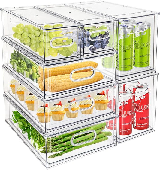 Eanpet 7Pack Clear Fridge Drawer Organizer Pull out Bins Stackable Refrigerator Organizer Bins with Handle for Kitchen Cabinet Organization Divided Produce Saver Container for Fruit Veggie Egg