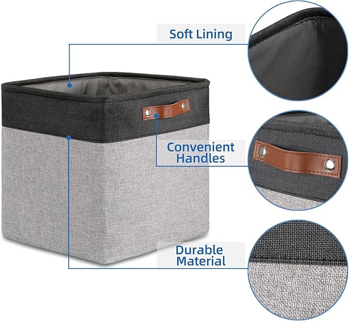 Temary Cube Storage Baskets 13 X 13 X 13 Fabric Storage Bins for Toys, Large Baskets Organization with Handles, Bins for Organizing Towels, Blankets, Collapsible Shelf Basket (Black&Gray)