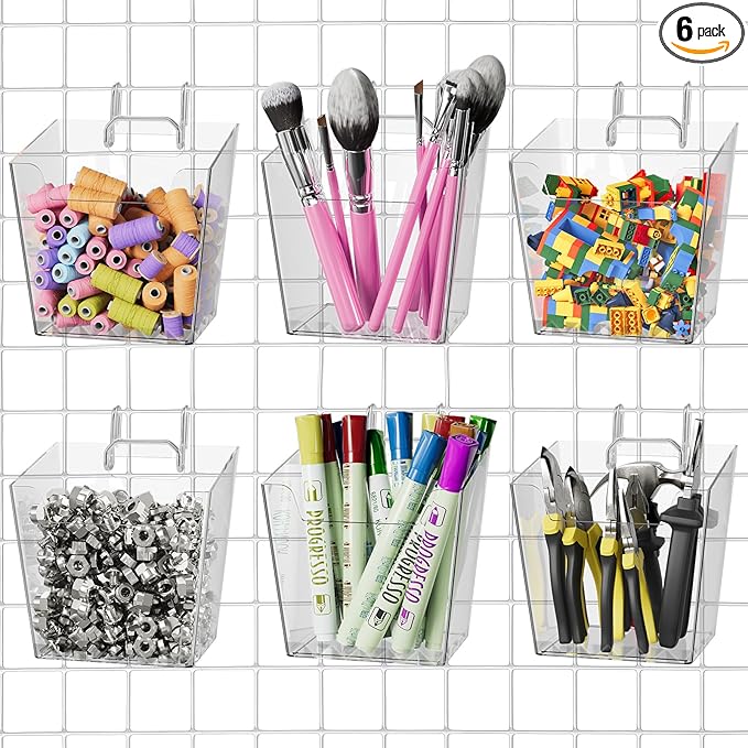 G.CORE Large Grid Wall Bins - 6Pack Clear Gridwall Accessories Hanging Cups with Back Hooks - Plastic Grid Wall Panels Organizers Wire Shelves Holders for Garage Garden Craft Office Tools Storage