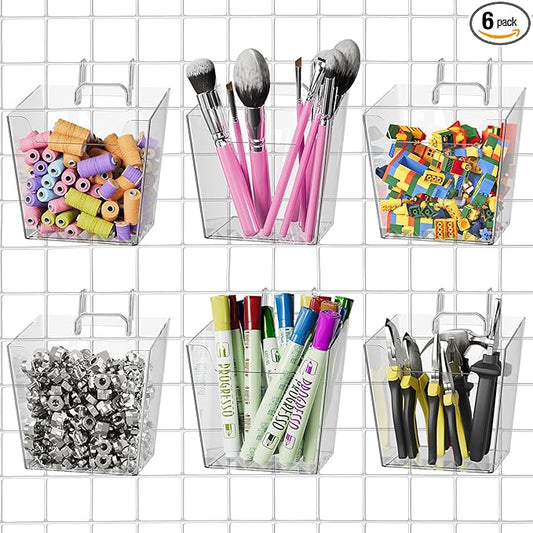 G.CORE Large Grid Wall Bins - 6Pack Clear Gridwall Accessories Hanging Cups with Back Hooks - Plastic Grid Wall Panels Organizers Wire Shelves Holders for Garage Garden Craft Office Tools Storage