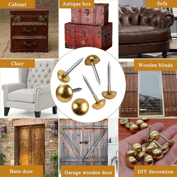 30 Pcs Retro Solid Pure Brass Tacks, 1/2",12 mm Upholstery Nails for Furniture, Decorative Brass Nails for Wood, Carpet Tacks, Cap Nails,Thumb Tacks, Brass Fasteners