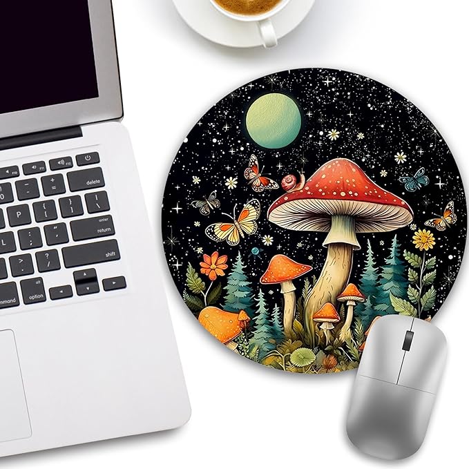 Mushroom Mouse Pad, Round Mouse Pads for Desk, Small Mini Travel Mousepad with Non-Slip Rubber Base for Work Wireless Computer Laptop, Cute Office Desk Accessories, 8.6 x 8.6 inch