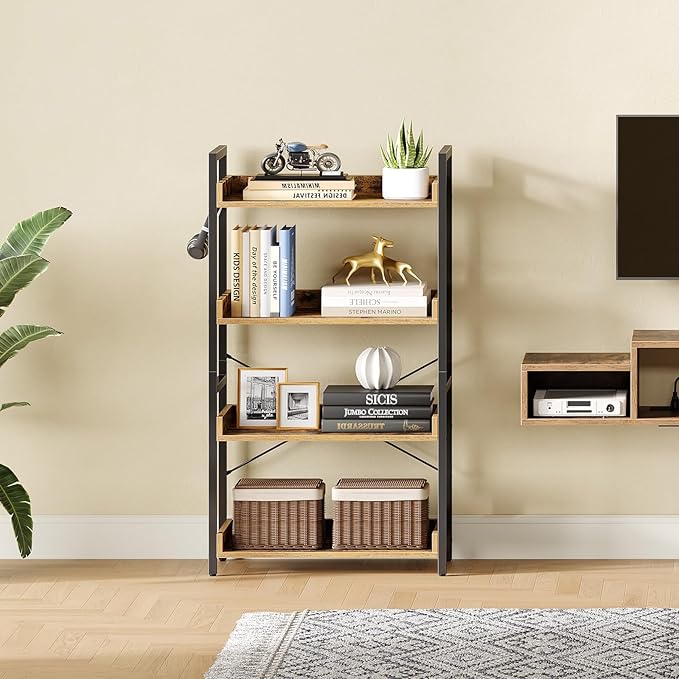 Rolanstar Bookshelf 4 Tier with 4 Hooks, Industrial Wood Bookcase, Vintage Storage Rack with Open Shelves, Rustic Standing Bookshelves Metal Frame Display Rack for Living Room, Bedroom, Rustic Brown