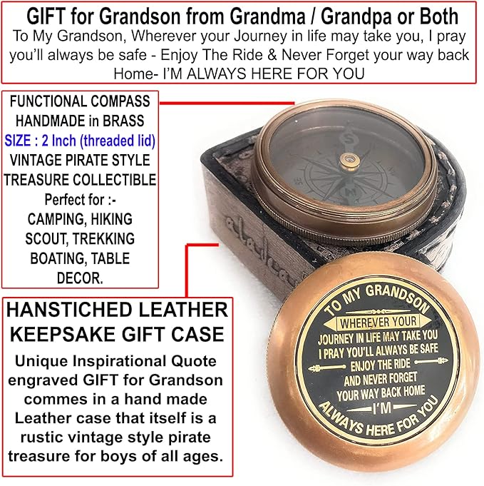 Gift for Grandson Brass Compass Engraved Quote | Memory Present to My Grandson Birthday, Baptism, Graduation, Confirmation, Love, Gift idea by Grandpa Grandma