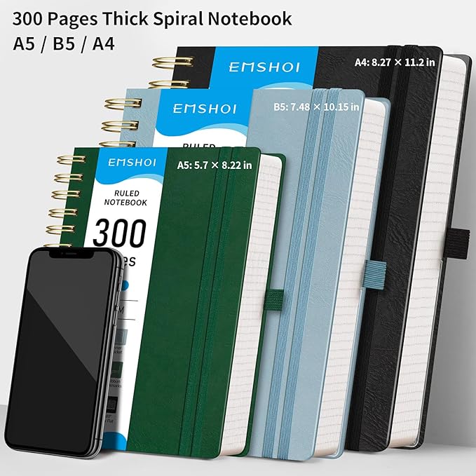 EMSHOI Spiral Notebook College Ruled, 300 Numbered Pages, A4 Large Hardcover Leather, 100 GSM Thick Lined Journal for Women Men Work Writing Journaling Note Taking, 8.27" x 11.2", Black