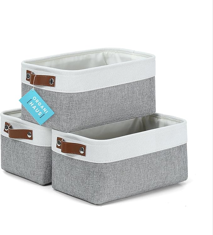 OrganiHaus Small Fabric Storage Baskets for Shelves 3 Pack, 12x08in Closet Storage Bins for Shelves, Canvas Baskets for Organizing, Linen Closet Organizers, Cloth Basket, Gray/Off-White