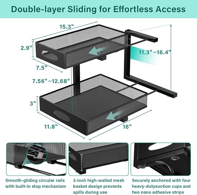 Under Sink Organizer, Extra-Wide Upgrade, 2-Pack of 2-Tier Metal Slide Out Cabinet Organizer, Height Adjustable Organization and Storage Series, Bathroom/Cabinet/Kitchen organization, Black