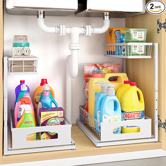 Under Sink Organizer, 2 Pack Height Adjustable Cabinet Organizer with Slide Out Drawer, Pull Out Under Sink Storage, Multi-Purpose 2 Tier Sink Shelves for Kitchen Bathroom Pantry (White, 2 Pack)