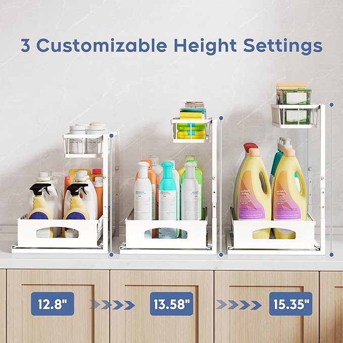 Under Sink Organizer and Storage, Height Adjustable Cabinet Organizer with Slide Out Drawer, Pull Out Under Sink Storage, Multi-Purpose 2 Tier Sink Shelves for Kitchen Bathroom Pantry (White, 1 Pack)