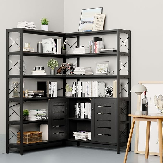 6-Shelf Corner Bookshelf, Vintage Industrial Corner Shelf Etagere Bookcase, Large Book Shelf with Metal Frame Open Storage Corner Cabinet (Black-Lockers, Large)
