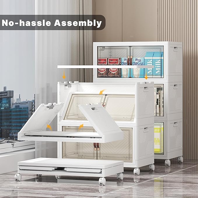 330Qt Stackable Storage Bins with Lids, 6 Pack Collapsible Bins with Wheels, Plastic Cabinet with Doors, Foldable Closet Organizers and Storage for Home, Dorm, Office, White