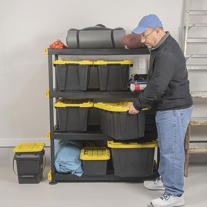 CX BLACK & YELLOW, 12-Gallon Heavy Duty Tough Storage Container & Snap-Tight Lid, (12.51H x 16.3W x 21.8D), Weather-Resistant Design and Stackable Organization Tote [4 Pack]