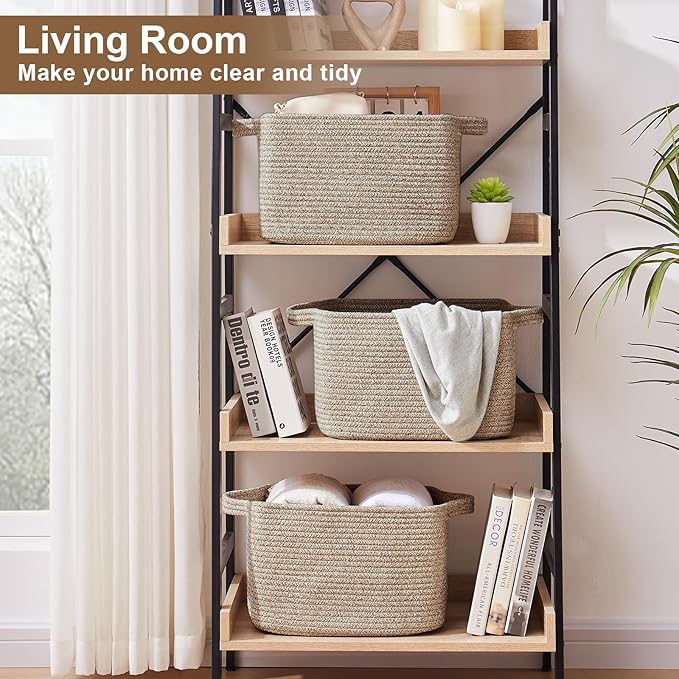 Storage Basket for Organizing, Woven Baskets for Storage, Rectangle Decorative Baskets for Shleves, Closet, Toys, Books, Nursery Organizer Bins - Pack of 3 (Brown, 13"x9.85"x8.7")