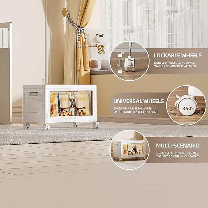 28 QT / 7 Gal Multi-Purpose Stackable Storage Cabinet: Double Magnetic Doors, Foldable, Wheels Included, Leather Handles - Ideal for Pantry, Laundry Room, Dorm