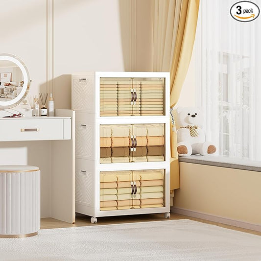 252 QT / 63 Gal Heavy Duty Double Door Storage Cabinet - Magnetic Closure, Foldable Stackable Design with Wheels & Leather Handles, Plastic Organizer for Garage/Bedroom