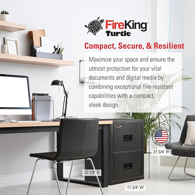 FireKing Turtle Vertical 2 Drawer Legal and Letter Fire Safe File Cabinet with Key Lock, 1 Hour Fire Rated, UL Rated & Water Resistant Home Safe, Filing Cabinet, Made in The USA, Black