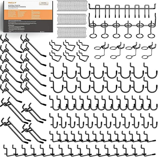 INCLY 176PCS Extra Thick Pegboard Hooks, 1/4" Heavy Duty Black Metal Peg Board Hooks Assortment with Peg Locks Pegboard Accessories Kit for Garage Wall Organizer Hanging Tools