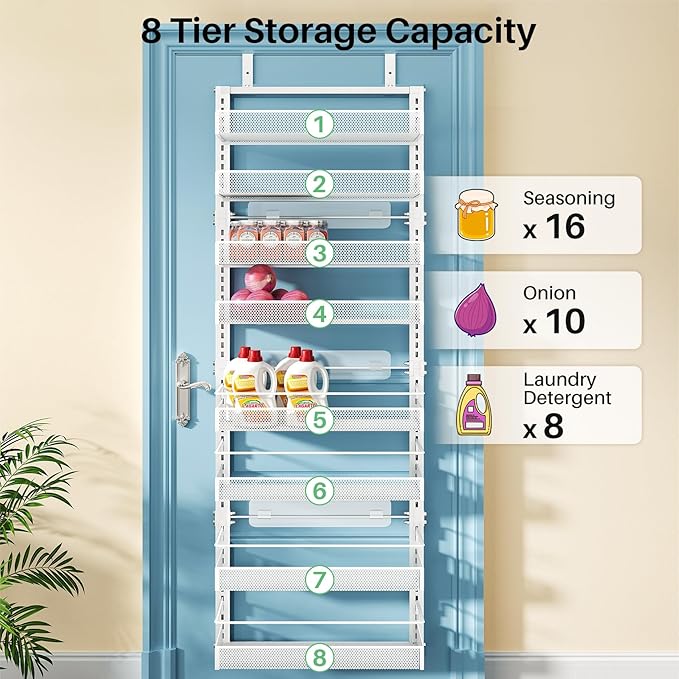 SNTD Over the Door Pantry Organizer - 8 Tier Adjustable Pantry Door Spice Organizer, Large Capacity Hanging Door Spice Rack for Kitchen Pantry Organizers and Storage (White, 17" W x 6" D x 69" H)