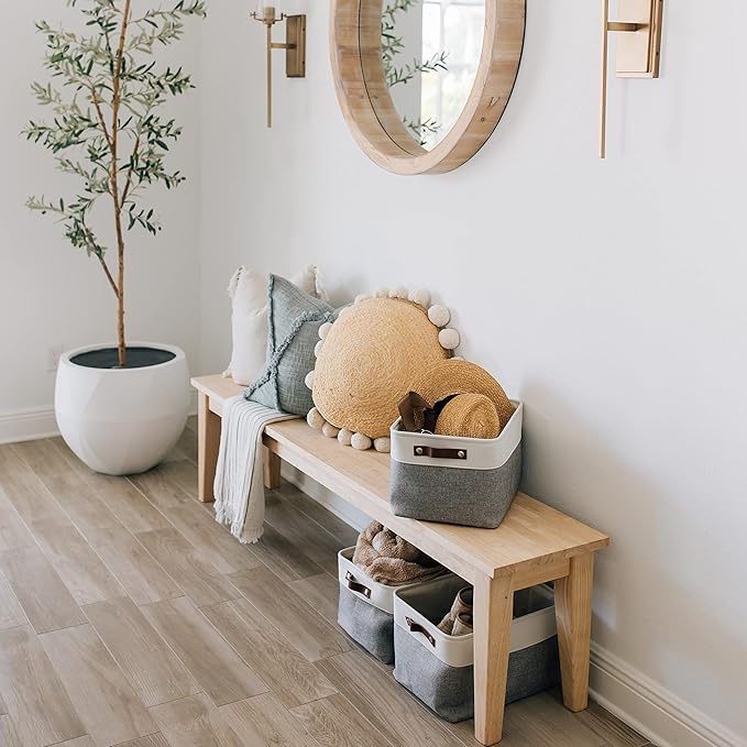 OrganiHaus Large Fabric Storage Baskets for Shelves 3 Pack, 15x11in Closet Storage Bins for Shelves, Canvas Baskets for Organizing, Linen Closet Organizers, Cloth Basket, Gray/Off-White