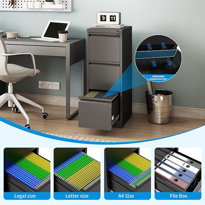 3 Drawer File Cabinet with Lock, Vertical Metal Filing Cabinet for Home Office, Locking File Cabinets for Legal/Letter Size Hanging File Folders (Black)