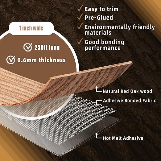 GSCIT Club Red Oak Edge Banding, 1 inch x 250ft roll of Veneer Plywood Edge Banding Preglued Flexible, Wood Tape Banding for Cabinet Repair
