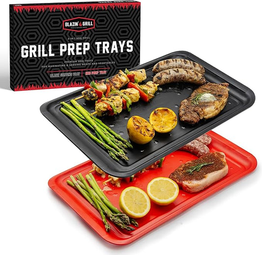 BLAZIN' GRILL Prep and Serve Trays | Set of 2 Stackable, Melamine Trays | Serving Tray & Marinating Tray | Serving Platter for Plating Food & BBQ Prep Tub for Marinating Meats | Grill Accessories |