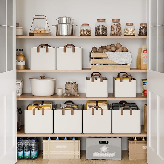 StorageWorks 45L Extra Large Fabric Storage Bins with PU Handles, Storage Baskets for Organizing, Large Laundry Basket, 2-Pack, Beige, 19" L X 13.25" W X 11" H