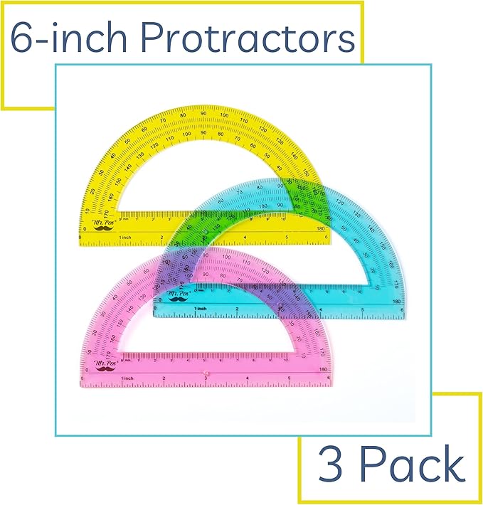Mr. Pen- Plastic Protractors, 3 Pack, 6 Inch, 180 Degrees, Colorful Protractor for Geometry