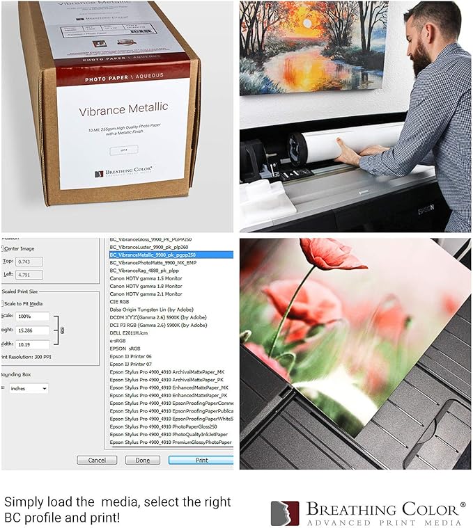 Vibrance Metallic Photo Printer Paper 10 mil 255 gsm Premium Photo Paper Roll 3in Core 36 inches x 100 feet Works with Most Inkjet Printers Including Professional Makes and Models Like Epson Canon HP