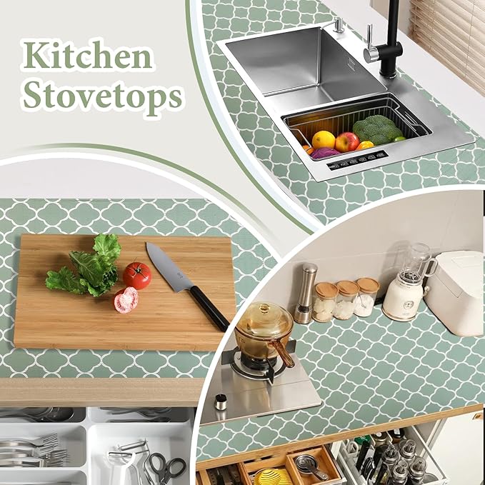 Shelf Liners for Kitchen Cabinets Non Adhesive Drawer Liner 12in x 20FT Light Green Quatrefoil Thickened Shelf Liner Strong Non-Slip Easy to Clean for Tool Box Refrigerator with Knife and Tape Measure