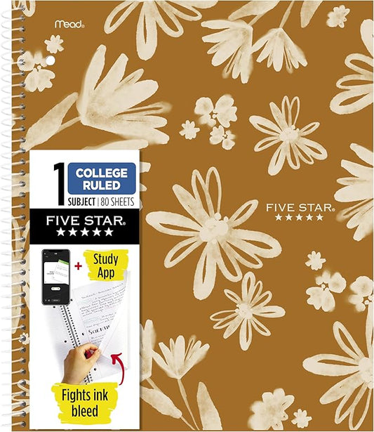 Five Star Spiral Notebook + Study App, 1 Subject, College Ruled Paper, 8-1/2" x 11", 80 Sheets, Fights Ink Bleed, Water Resistant Cover, Soft Petals Harvest (820442F-ECM)