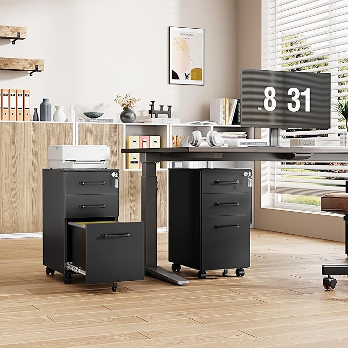 3 Drawer Slim File Cabinet, Mobile Filing Cabinet with Lock,Black Rolling Narrow File Cabinets with Casters, Under Desk Office Cabinets for Home Office,Fit A4/Letter/Legal(Unassembled)