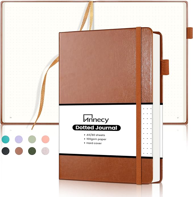 Annecy Numbered Bullet Dotted Journal Notebook, Medium 5.5x 8.25, 160 Pages 100GSM Writing Paper, A5 Brown Faux Leather Cover with Pen Loop