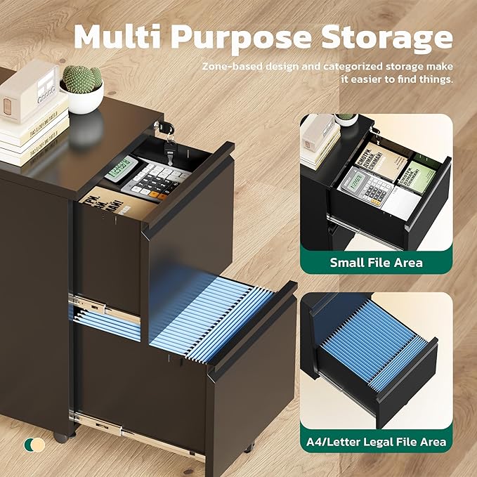 Greenvelly 2 Drawer Mobile File Cabinet with Lock, Metal Filing Cabinet on Wheels, Under Desk File Cabinet for Home Office Organizer Letter/Legal/A4 File (Assembly Required, Black)