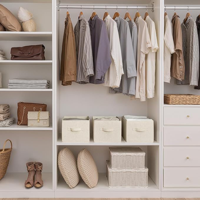 StorageWorks Storage Baskets for Shelves, Foldable Fabric Closet Storage Bins with Handles, Fabric Storage Bins Clothes Organizer, Beige(Cotton-linen), 3-Pack, Large