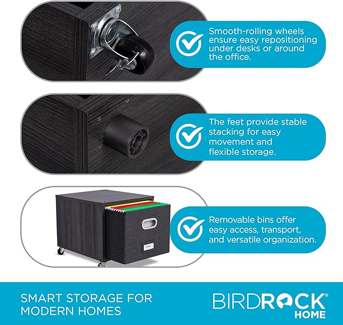 BIRDROCK HOME Rolling File Cabinet – Decorative Storage Shelf w/Removable Bins, Handles, and Wheels – Organize Files, Books, Toys, Under Desk Office Solution, Modern Design - 1 Lateral Drawer, Gray
