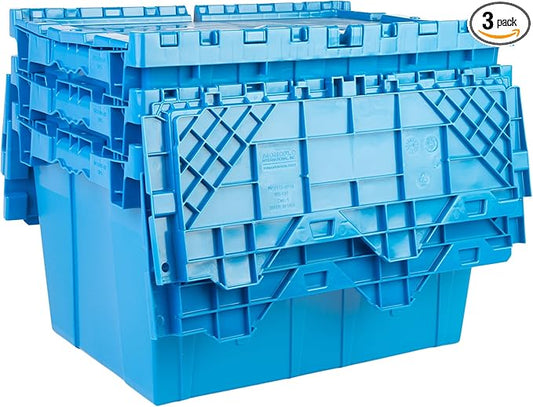 Hudson Exchange 21.9 x 15.2 x 12.8” (3 Pack) Storage Tote Distribution Container with Hinged Attached Lid, Blue