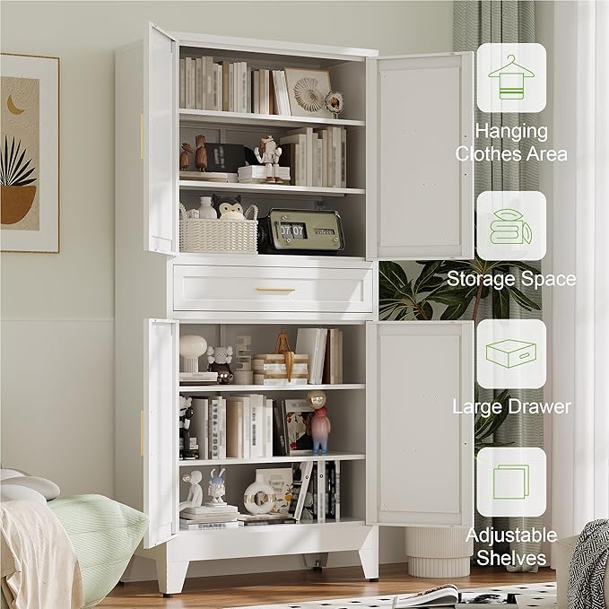 71" Tall Metal Storage Cabinet with Adjustable Shelves,Farmhouse Kitchen Pantry Cabinet with 2 Barn Doors and Drawer,Large Storage Cabinets for Dining Room,Bathroom,Living Room(White)