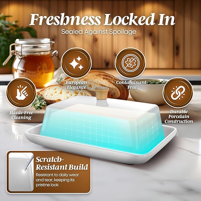 Flexzion Ceramic White European Butter Dish with Lid for Countertop (Large) - Wide 2 Stick Double Butter Holder for Counter, Cream Cheese Container Storage Keeper