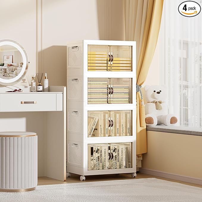 200 QT / 50 Gal Rolling Foldable Storage Cabinet with Stackable Feature - Double Magnetic Doors, Leather Handles, Durable Plastic for Closet/Office, Easy Assembly & Move