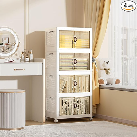 200 QT / 50 Gal Rolling Foldable Storage Cabinet with Stackable Feature - Double Magnetic Doors, Leather Handles, Durable Plastic for Closet/Office, Easy Assembly & Move