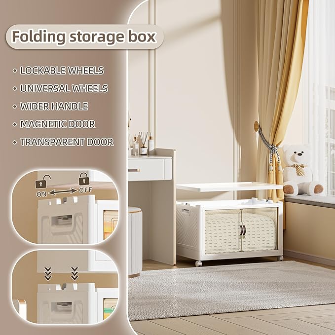 104 QT / 26 Gal Large Foldable Stackable Plastic Storage Cabinet with Double Magnetic Doors, Leather Handles & 4 Wheels - Organize Home, Office, Closet